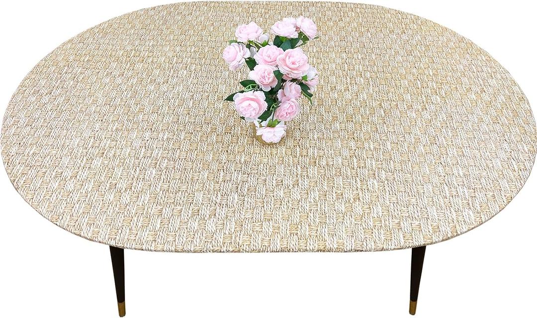 LIBERECOO Oval Fitted Vinyl Tablecloth with Flannel Backing - Fits 48 x 68 Inch Oval Table - Rope Weaving - Elastic Edged for Secure Fit, Waterproof Wipeable Table Cover
