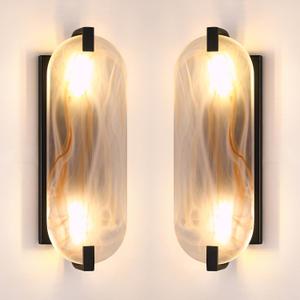 2 Pack 2 Light Oval Red Frosted Glass Bathroom Wall Sconce Modern Concise Style Wall Light Fixture,Black Finish for Bedroom Hallway Bedside