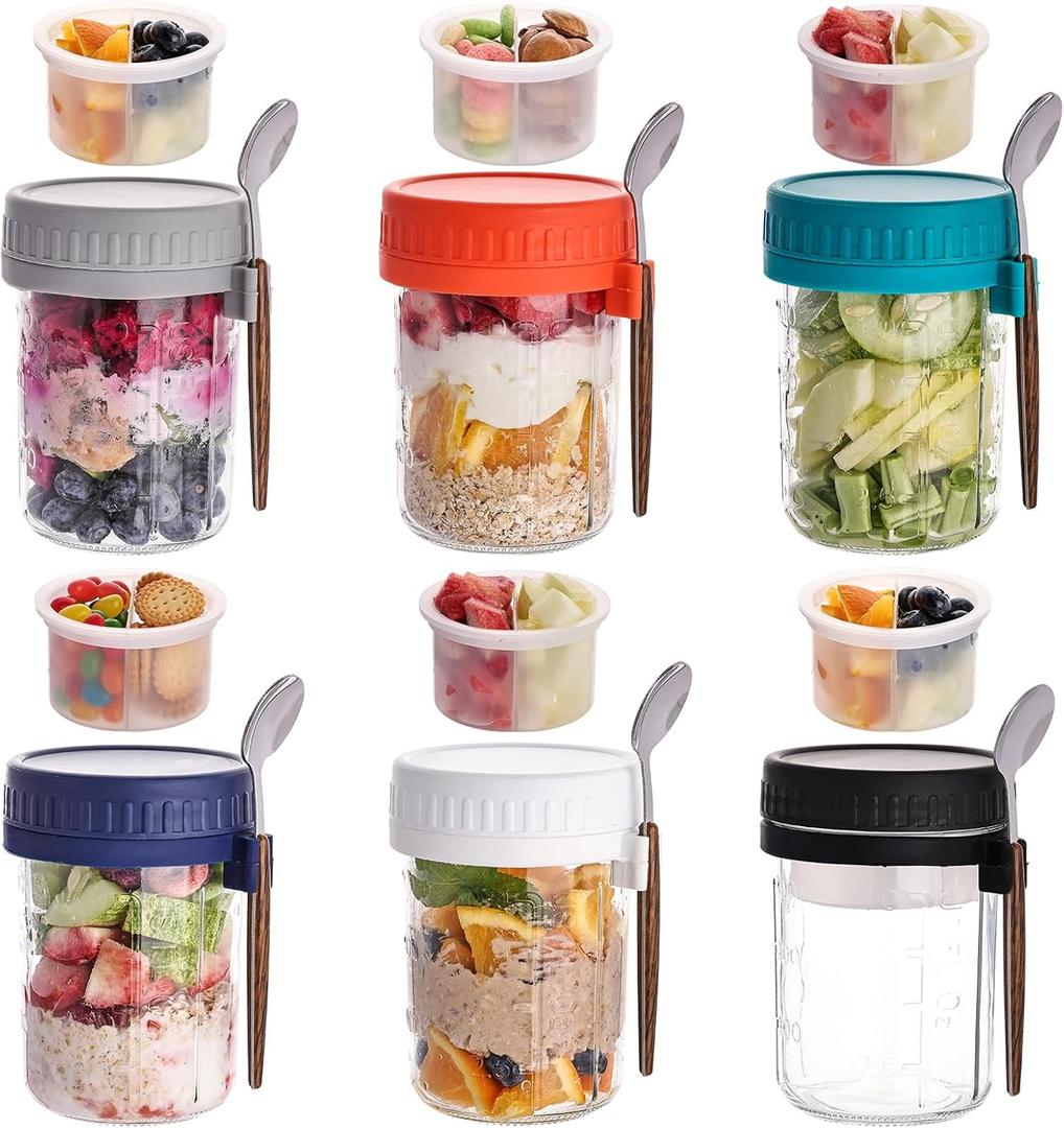 6 Pack Overnight Oats Containers with Lids and Spoons, 16 OZ Glass Mason Jars with Removable Separate Compartments, Airtight Leak Proof Oatmeal Container for Chia Pudding, Yogurt, Breakfast, Cereal