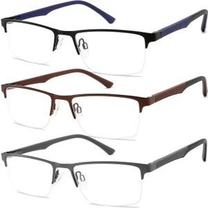 3 Pack Reading Glasses for Men Blue Light Blocking with Spring Hinge,Stylish Metal Half Frame Mens Computer Readers (+1.0 Strength)