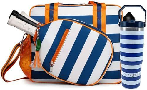Aloof Pickleball Tote - Designer Series Pickleball Bag for Women in Navy/White Stripe + Navy Stripe 30-ounce Tumbler With Top Handle and Flip Straw
