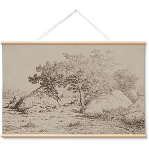 VIYYIEA Extra Large Canvas Wall Art, 36x54 Inch Vintage Landscape Sketch, Neutral Antique Nature Wall Decor for Living Room or Bedroom, Above Sofa (Dancing Tree Shadows)