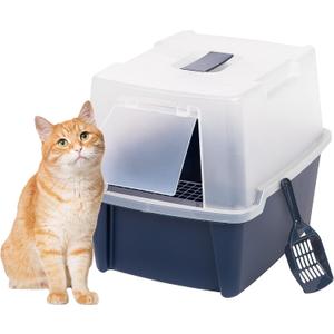 IRIS USA Cat Litter Box, Litter Box Enclosure with Scoop and Front Door Flap, Covered Kitty Litter Box for Privacy, Portable, Easy to Clean, Navy