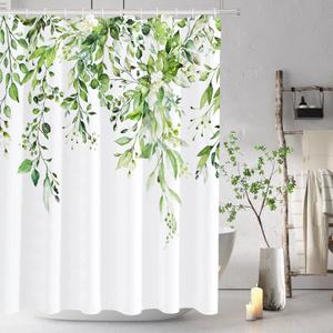Tititex Greenery Eucalyptus Shower Curtain Sets, Bright Green Watercolor Leaves on The Top Plant with Floral Bathroom Decoration 60x72 Inch with Hooks