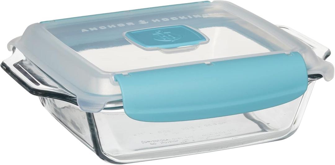 Anchor Hocking 8 Inch Square Cake Dish with TrueLock Locking Lid Bakeware, Clear