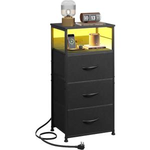 WLIVE LED Nightstand with Charging Station, Black Night Stand with 3 Fabric Drawers and Storage Shelf, Small Dresser for Small Space, 31.9" H Bedside Table with USB Ports and Outlets for Bedroom