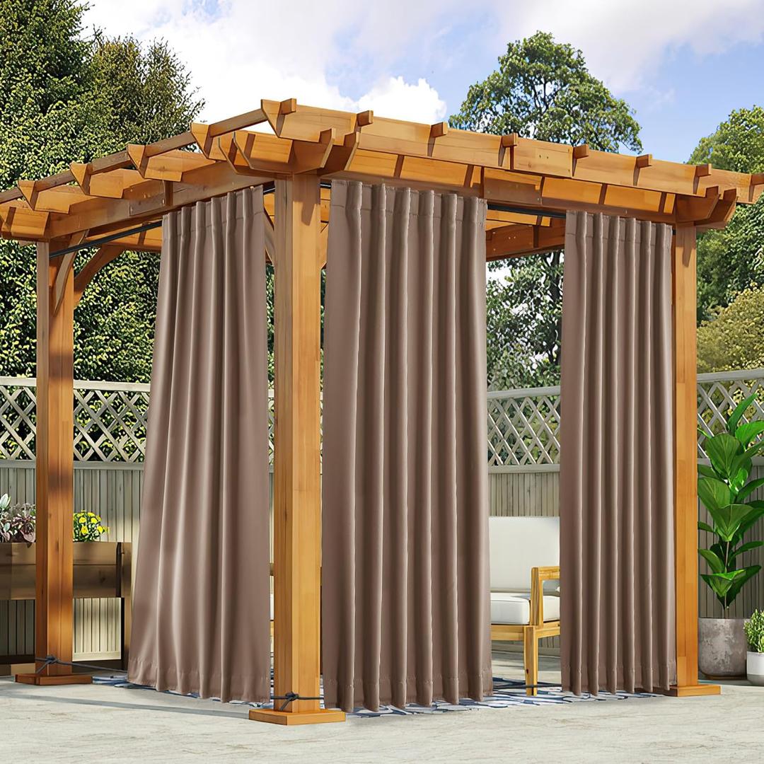 NICETOWN 2 Panels Blackout Patio Waterproof Outdoor Curtains, Top & Bottom Pocket & Back Tab Wind-Break Thermal Drapes Privacy Sound Reducing for Pergola with Fixed Ropes, W52 x L84, Tan-Khaki