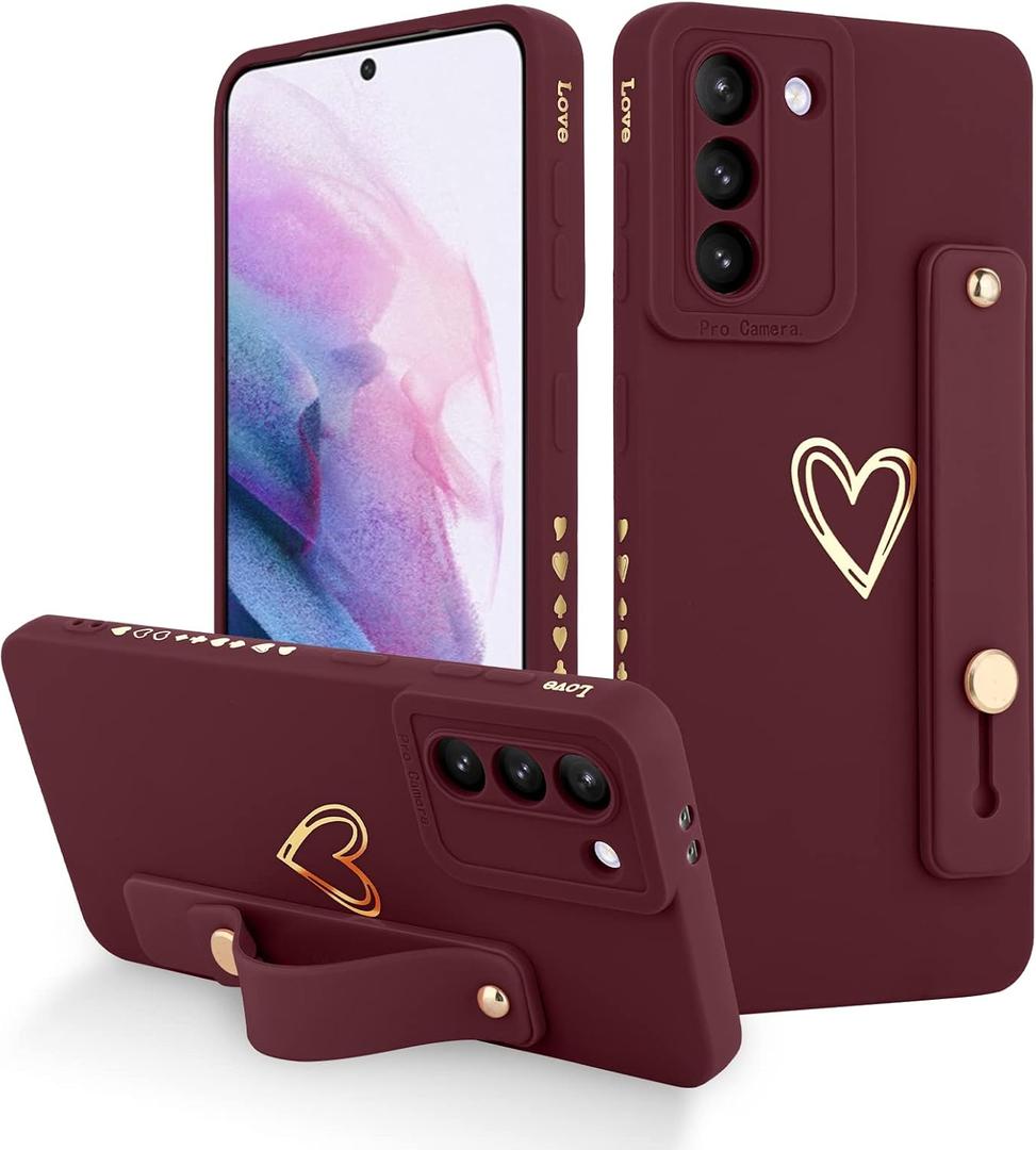Fiyart Galaxy S21 5G Case - Red, Love Hearts Pattern, Slim Protective Cover with Stand & Wrist Strap