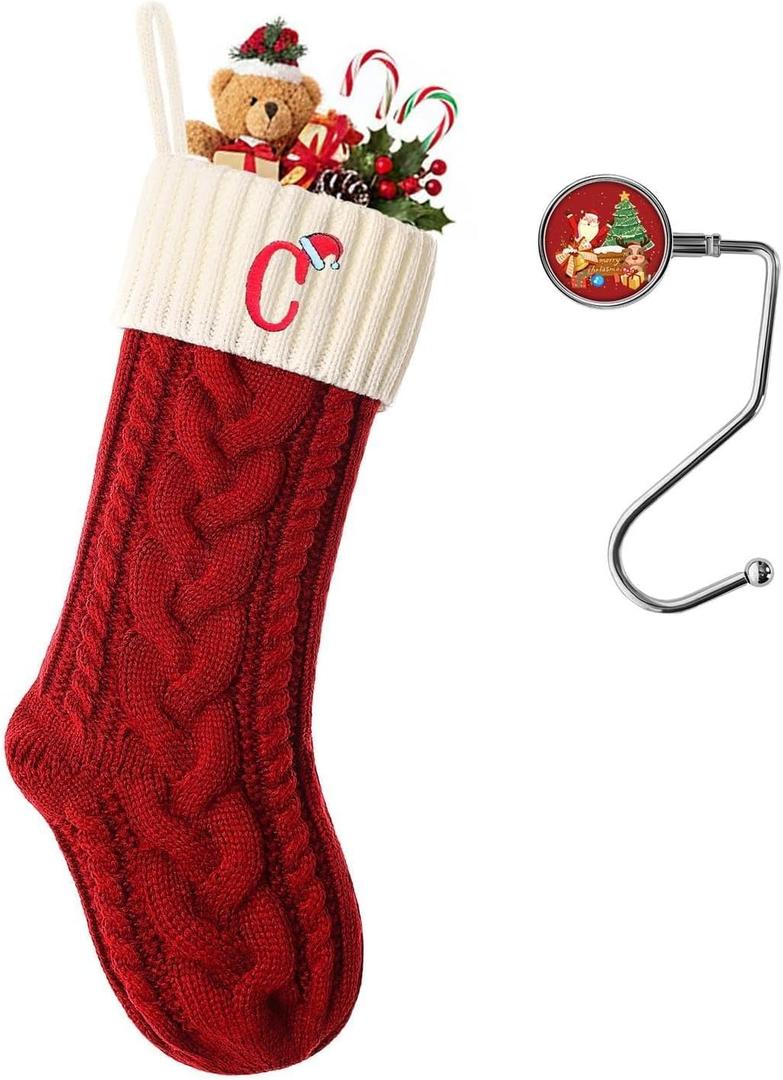 Christmas Stockings Personalized Custom Initials 18 Inches Knitted Christmas Stockings with Letter Fireplace Hanging Monogram Xmas Stockings for Kids,Family Holiday Party DecorationRed and White C