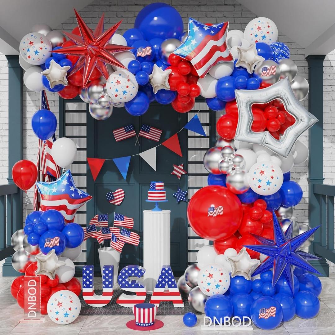 147Pcs Red White and Blue Independence Day Balloon Garland Arch Kit,with Explosion Star,Flag Foil Balloons for 4th of July Patriotic Memorial Veterans Baseball Nautical Birthday Party Decorations