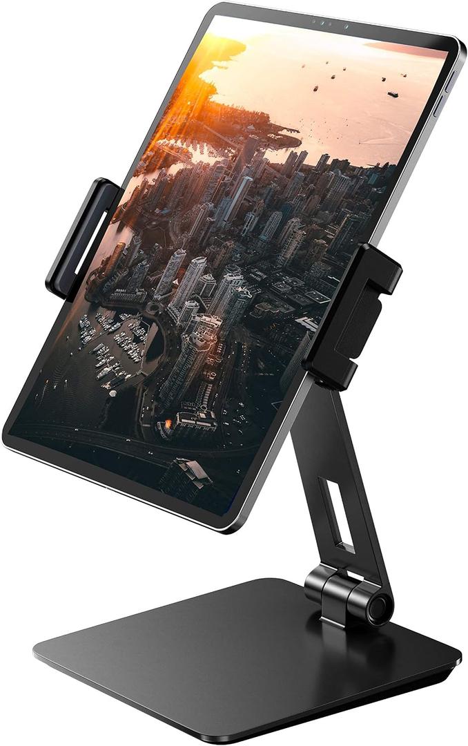 Maxonar iPad Stand Holder, Heavy-Duty Aluminum Alloy Tablet Stand, 360 Swivel Foldable iPad Pro Air Charging Stand Holder for Desk Bed Store POS Showcase Reception Kitchen Office (6-13''), Grey