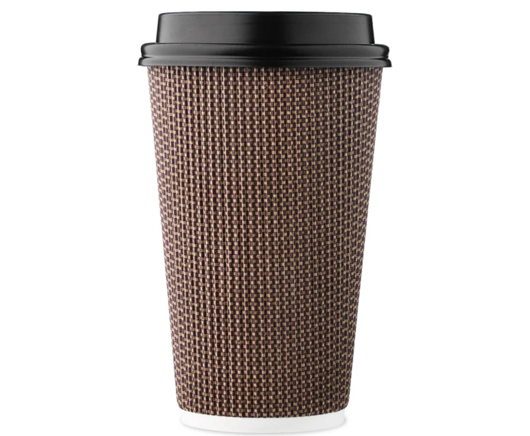 [85 SET]Harvest Pack 16 oz Disposable Coffee Cups, Insulated Ripple Double-Walled Paper Cups with Lids, Brown Geometric, Drinking Cups for Tea Hot Chocolate Drinks To go coffee cups