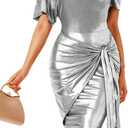 VIDUSSA Sparkly Glitter Dress for Women - One Shoulder Ruched Party Cocktail Tie Waist Bodycon Dresses (Large, Silver)