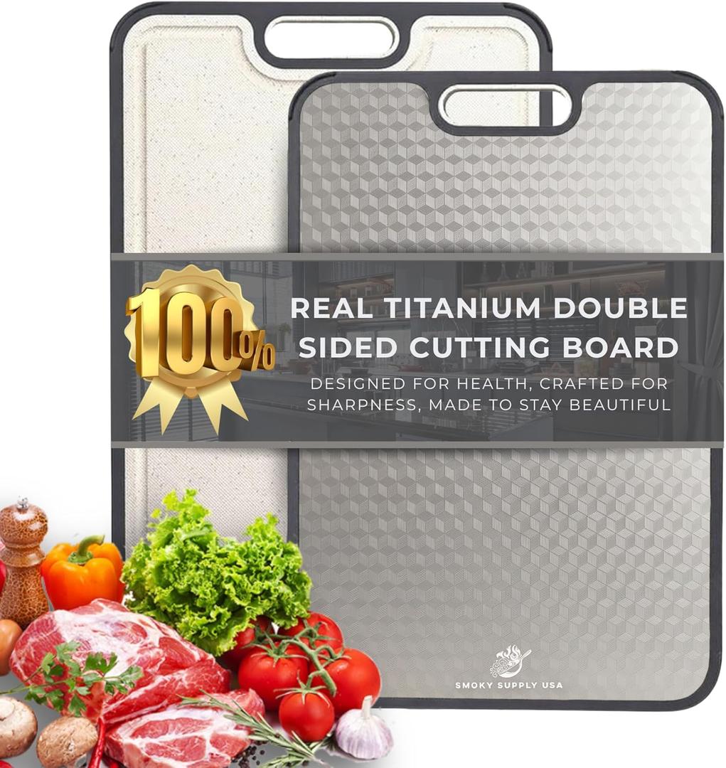 Titanium Cutting Board | Scratch Reduction Mesh | Double-Sided Pure Titanium and Wheat Straw | Anti Slip | Juice Groove | Stain Resistant | Food Grade | Easy to Clean | Smoky Supply USA