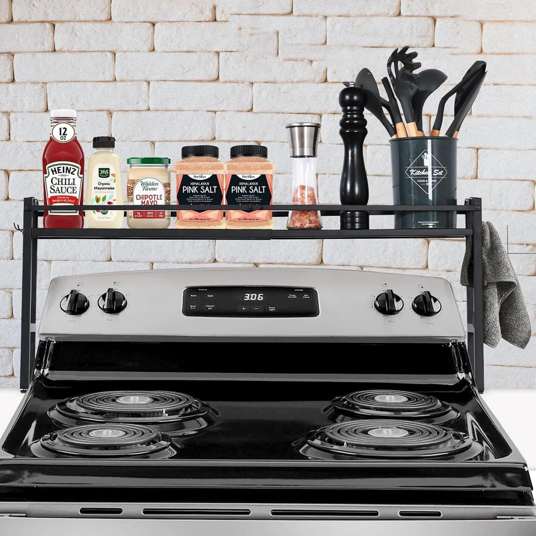 Stove Top Shelf,Over The Stove Spice Shelf for Kitchen,Spice Rack Shelf with 4 Hooks Extra Storage Countertop, Seasoning Organizer,Kitchen Organizers and Storage (Black)