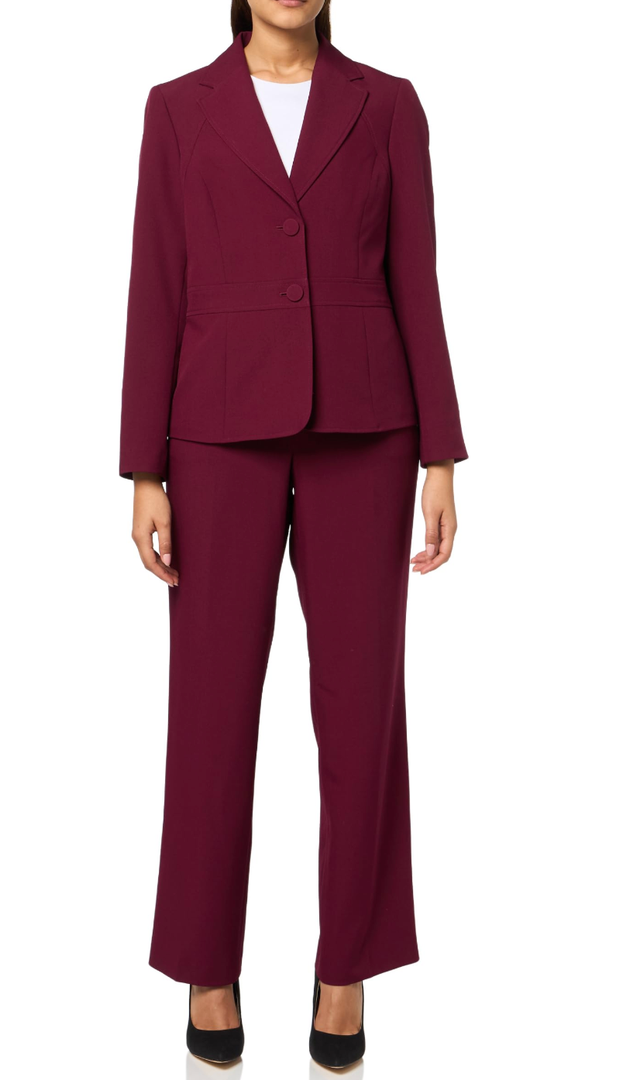 Le Suit Women's One Button Long Sleeve Jacket & Fly Front Slim Pant Maroon Size 4