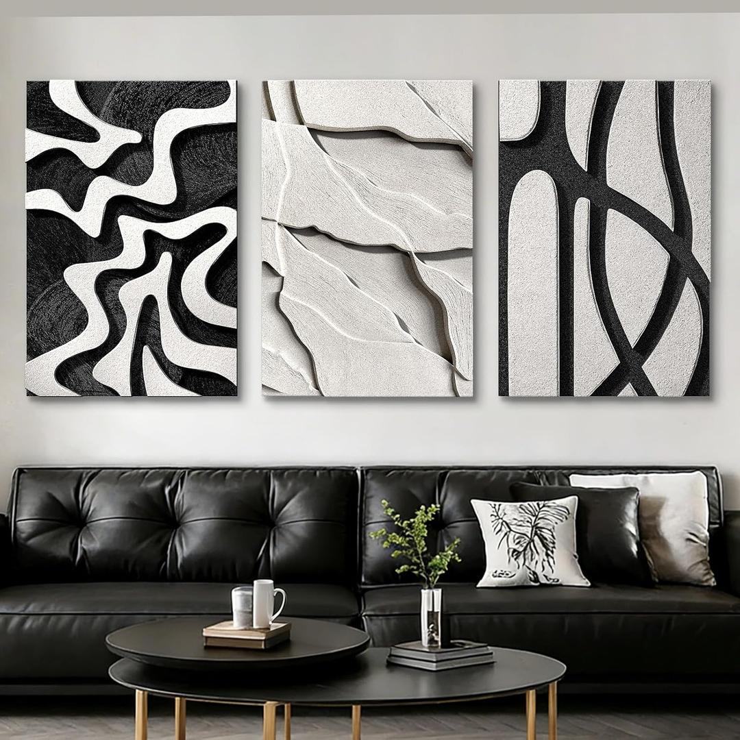 3 Piece 3D Abstract Textured Wall Art Black White Sandstone Home Decor, 16''W x 24''H x 3