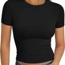 Trendy Queen Womens Basic T Shirts Summer Tops 2025 Short Sleeve Crop Tops Slim Fit Gym Workout Y2k Clothes, Medium
