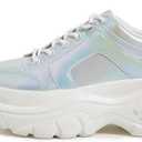 LUCKY STEP Women Chunky Platform Dad Colorblock White Neon Green Fuchsia Hologram Silver Casual Lace-Up Walking Sneakers (8.5)