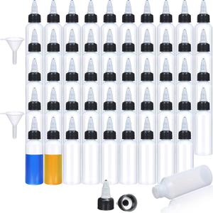 Honeydak 50 Pcs 2 oz Boston Dispensing Squeeze Bottles Empty Plastic Squeeze with Twist Cap Small Clear Bottle Round Bottles with 2 Funnels for Liquids Oils arts Kitchen Household (Black)