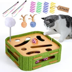Cat Puzzle Box Toy for Indoor Cats Boredom Relief Interactive Wooden Cat Enrichment Maze with Jingle Balls, Feather Wands & Spiral Springs, Slow Feeder Treat Dispenser for Kittens & Adult Cats