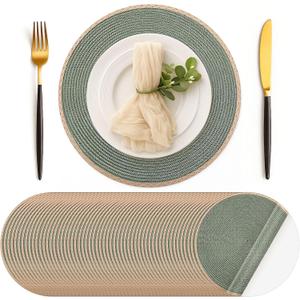 Geosar 50 Pcs Disposable Paper Placemats Round Braided Woven Look 13'' Paper Placemats Rustic Color Blocking Table Mats for Dining Table Decoration, Birthday Wedding Bridal Baby Shower Party (Green)