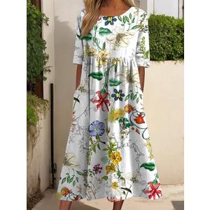 Midi Dresses for Women Summer Casual Floral A Line Dress Short Sleeve Loose Fit Vacation Sundress with Pockets XL