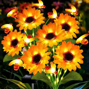 Hortsun 2 Pack Sunflower Bee Solar Lights Outdoor Decor Waterproof Solar Lights with 6 Sunflower and 8 Bee for Yard Front Yard Garden Lawn Patio Outside Decor