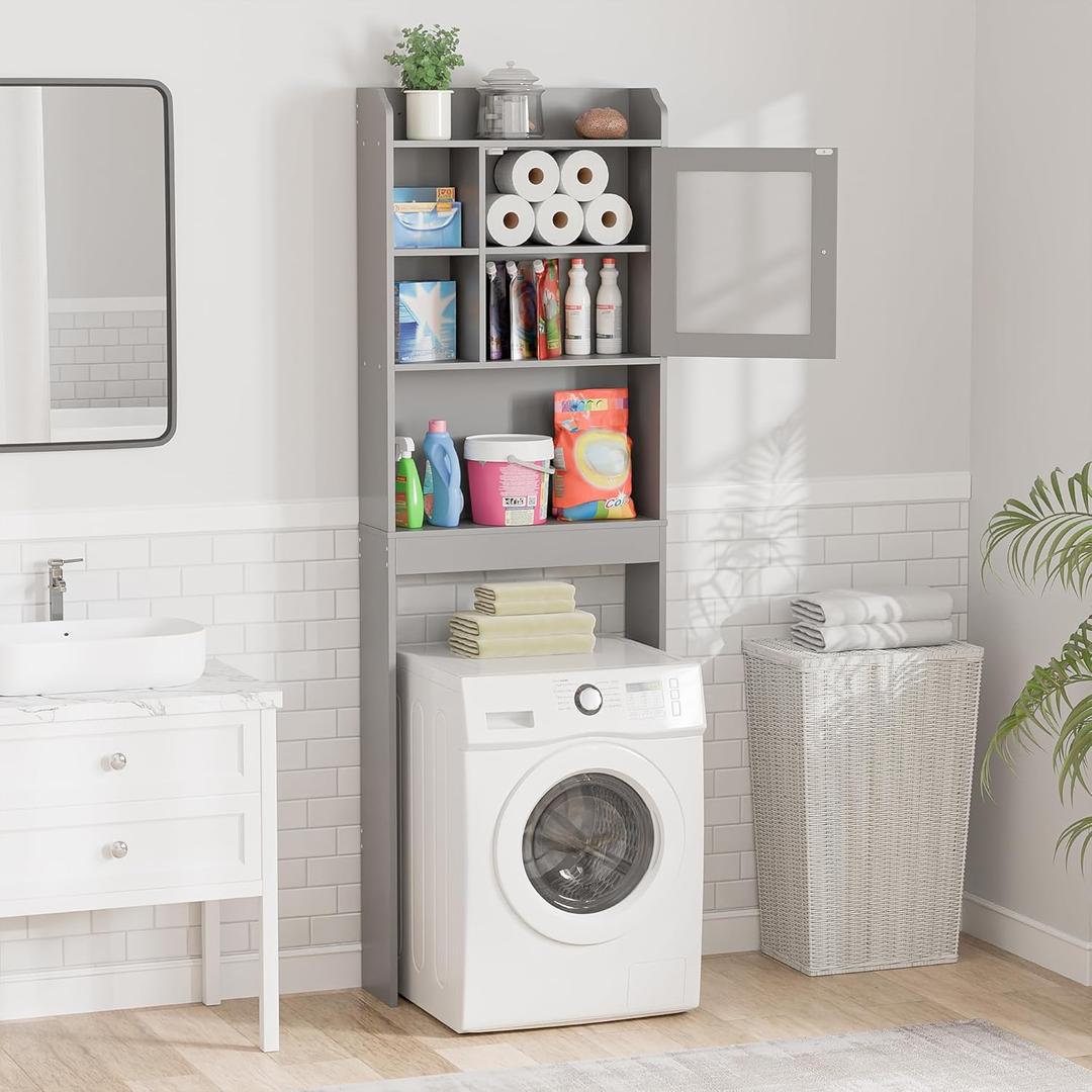 ZenStyle Over The Toilet Cabinet Double Door Wood Bathroom Storage Organizer with Adjustable Shelves, Cubby and Tempered Glass Door (Grey)