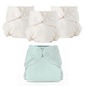 Esembly Cloth Diaper Bundle Set - 3 Organic Cotton Absorbent Inners and 1 Waterproof Outer Diaper Cover - Reusable, Washable, Snap Closure Cloth Diapers - Size 1 (7-17lbs), Mist