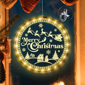 Tiamon Merry Christmas Window Light Decorations Xmas LED Decorative Window Battery Operated 3D Acrylic Hanging Light with Suction Cup Hooks for Holiday Party Windows Wall Bedroom Decor, Warm White
