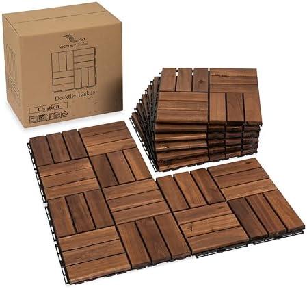 VICTORY RELAX Acacia Wood Flooring Interlocking Deck Tiles for Patio Decor 5 Pcs 12 Slats VR Brown - Waterproof Indoor & Outdoor Decor - Balcony Garden Decking Tile (12.24 * 12.24 * 0.75 inches)
