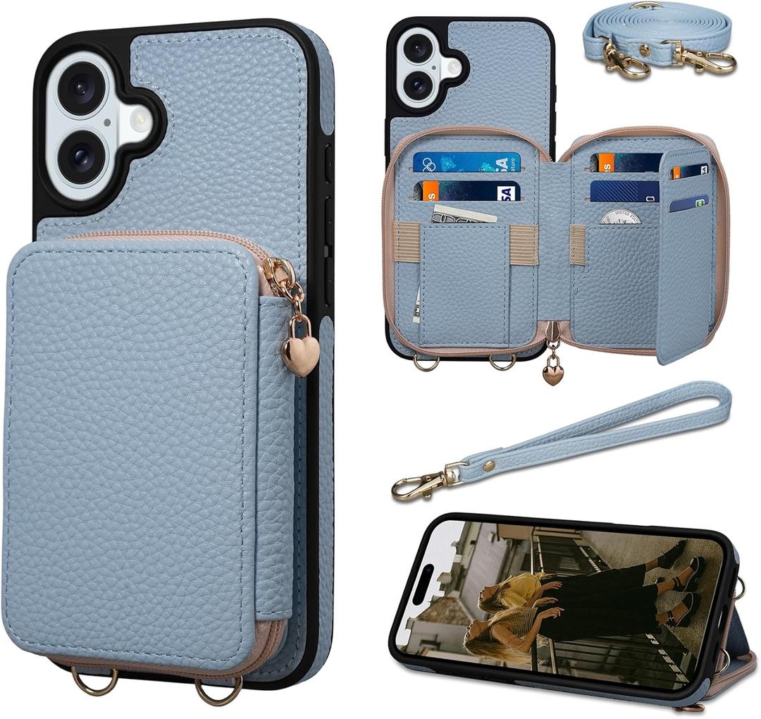 Keallce Case for iPhone 16 6.1'' Case Wallet, Crossbody Zipper Purse with RFID Blocking Card Slots Kickstand, Detachable Lanyard & Handstrap Flip Folio Leather iPhone Cover for iPhone 16, Blue