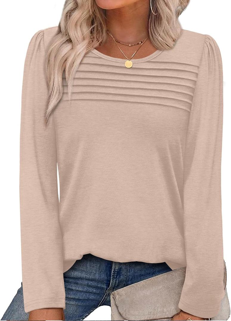 WIHOLL Long Sleeve Shirts for Women Crewneck Tops Tunic Fall Winter Sweatshirts 2025 Clothes (Beige, XL)