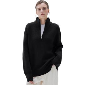 SUUKSESS Women Cashmere Oversized Quarter Zip Pullover Sweater Long Sleeve Collared Ribbed Knit Jumper Tops (X-Small, Black)