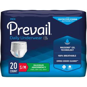 Prevail - Men's Protective Underwear - Pull-up Incontinence Underwear - Disposable Adult Diaper - Maximum Absorbency - Small / Medium - 20 Count