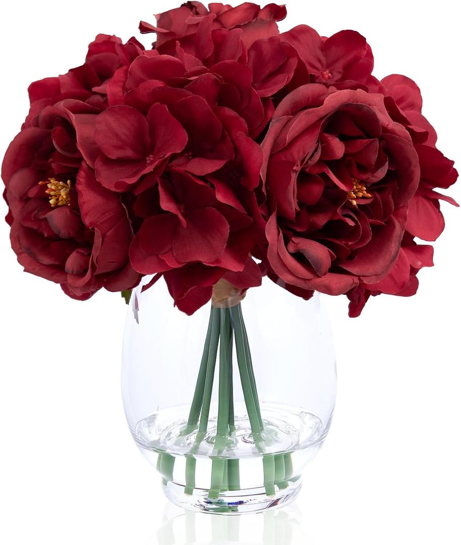 WELL KNOWN Artificial Flowers in Vase with Fake Water, Red Silk Peonies Hydrangea Rose Flower Bouquet Arrangement for Home Wedding Party Decor Table Centerpieces & Mom's Gift,Classical Red