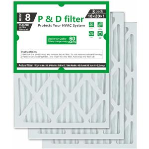 P & D filter 18x20x1 MERV 8 Furnace Air Filter (3-Pack) | High Efficiency HVAC & AC Filter | Fits Standard 18x20x1 Systems | Easy to Install Actual Size: 17 3/4 x 19 3/4 x 7/8 inches