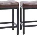 Sweetcrispy Counter Bar Stools Set of 2, 24 Inch Barstools for Kitchen Island, Upholated PU Leather Kitchen Chairs with Thick Saddle Seat & Metal Base and Footrest, Brown