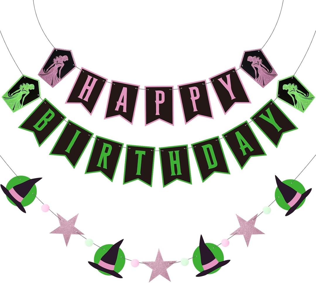 VitalCozy Witch Theme Happy Birthday Banner, Pink and Green Birthday Hanging Banner Witch Princess Backdrop Decorations for Women Movie Theme Party Decor