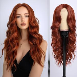 Long Red Wave Wig for Women Middle Part Copper Red Wavy Wigs Natural Looking Synthetic Heat Resistant Fiber Wigs for Party Daliy Use (26 Inch)