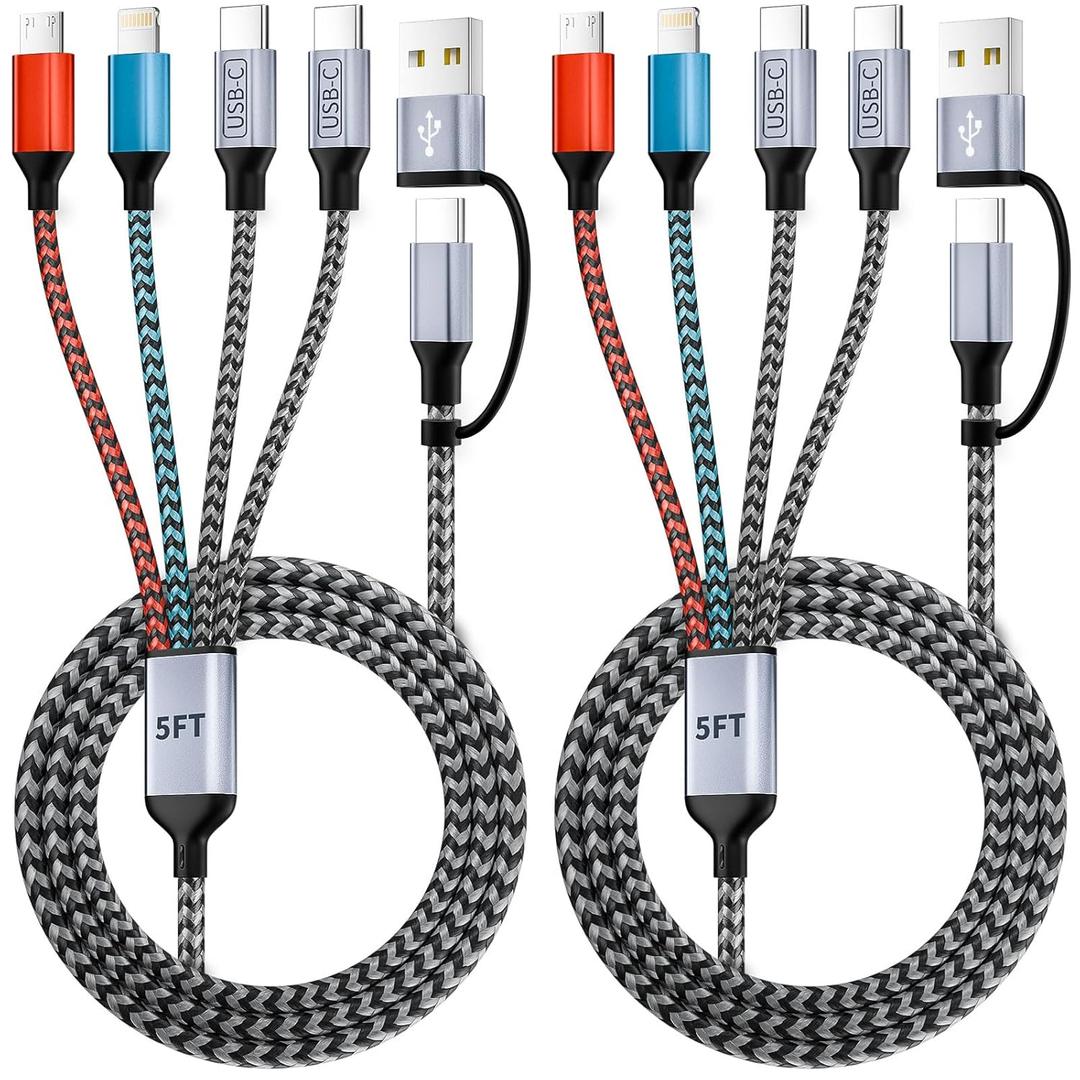 4 in 2 Multi Charging Cable, USB A/C Cable with Dual Type-C/IP/Micro USB, Travel Charger for Multiple Devices, Phone Charger Cord for iPhone 17/16/15/14, Galaxy, Android Tablet Pad (2Pack 5FT) (Gray&Gray&Blue&Red)