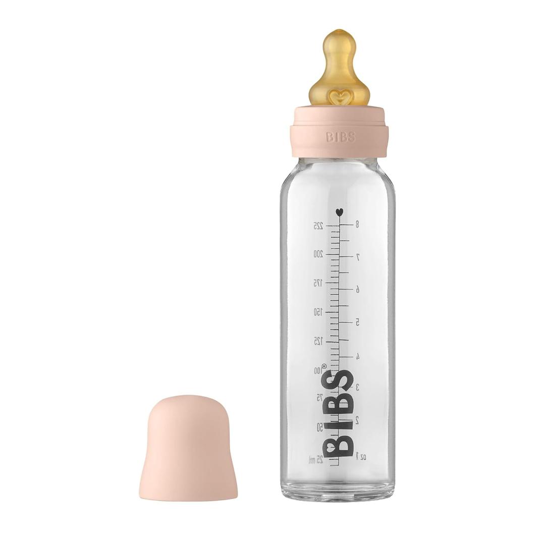 BIBS Baby Glass Bottle Complete Set 225 ml | BPA Free Natural Rubber | Made in Denmark | Blush