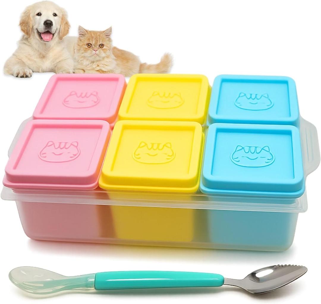 2ME Cat and Dog Food Storage Containers with Lids, 6-Pack 100% Silicone 4oz Each, with Dual-Ended Scoop – Keeps Wet Can Food Fresh, Odor-Resistant, Freezer, Microwave & Dishwasher Safe