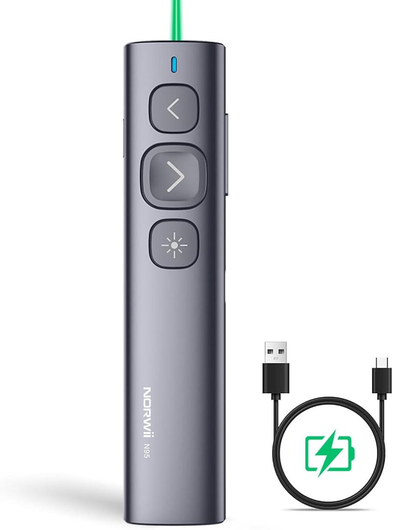 Norwii N95 Presentation Clicker, PowerPoint Clicker for Presentation Remote, Rechargeable Wireless Presenter Pointer, Slide Advancer for PC/Laptop/e-Book in Classroom, Auditorium, Church (Green,USB-A)