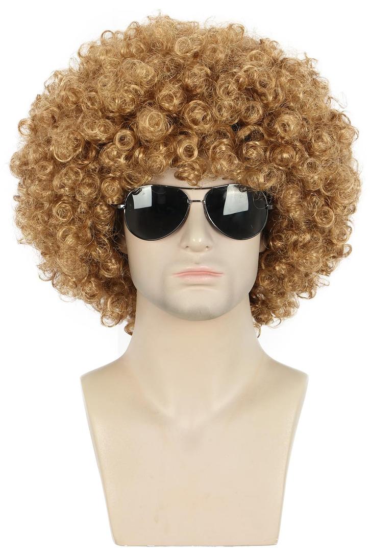 Karlery Men Women Afro 70s 80s Short Curly Golden Rocker Party Wig California Halloween Costume Cosplay Wig