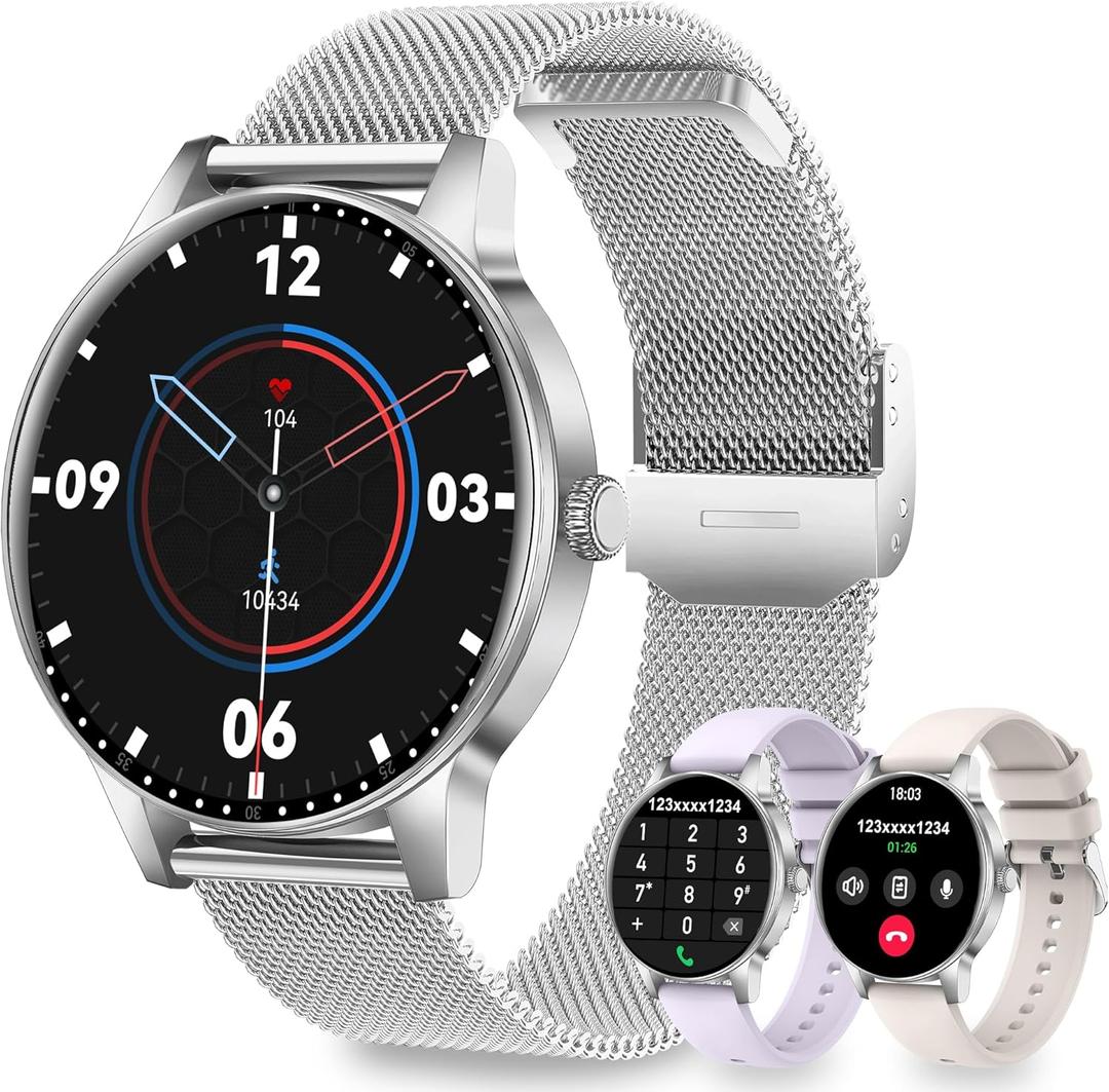 Smart Watches for Women, 1.27" HD Smart Watch for Android Phones & iPhones, Smartwatch Answer/Make Calls, Fitness Tracker with Heart Rate/Sleep/SpO2 Monitor, 110+ Sport Modes, 3 Bands (Silver)