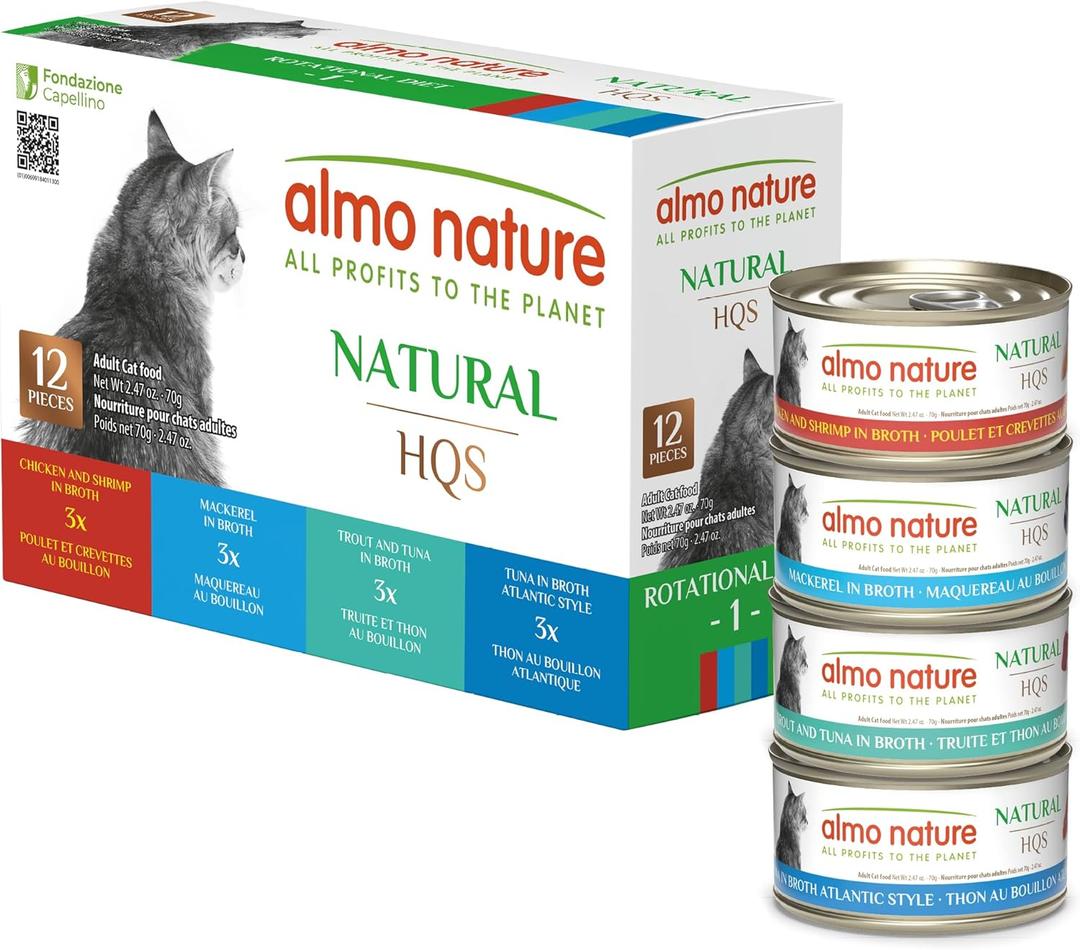Almo Nature: HQS Natural Cat Pack 2 - (12) 2.47oz Can, Adult Cat Wet Canned Food - 3 Each: Atlantic Tuna, Mackerel, Trout & Tuna, Chicken & Shrimp