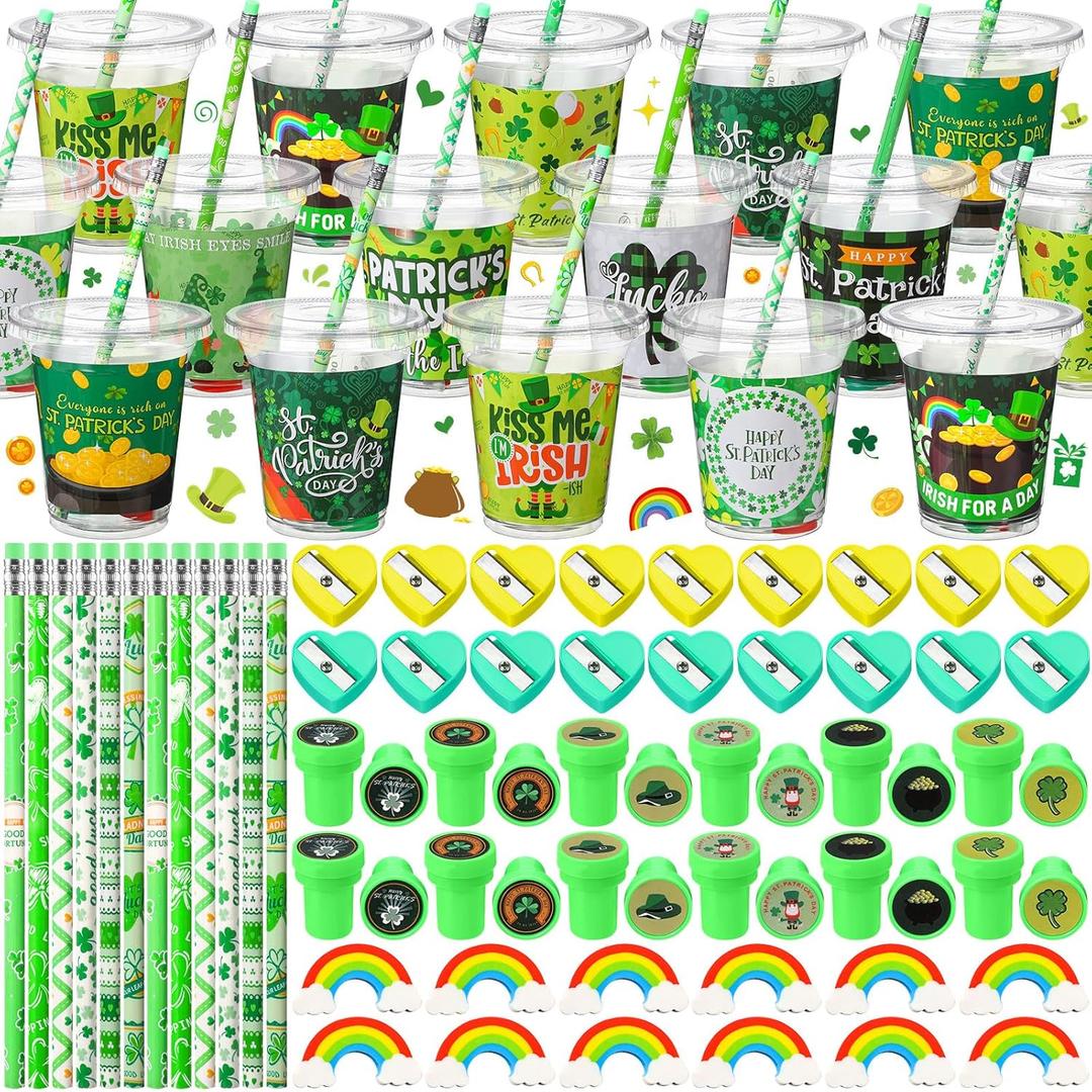 Pickmesh 180 Pcs St. Patrick's Day Party Favors Lucky Shamrock Stationery Set Pencils Erasers Stampers Sharpeners Cups for St Patricks Day Accessories Exchange Gifts Classroom Prizes Party Supplies