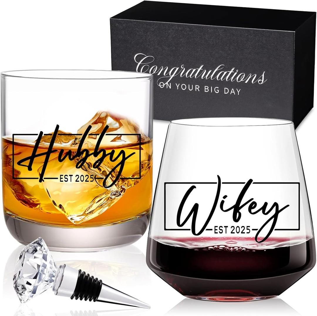 Wedding Gifts for Couples 2025,Bridal Shower Gifts, His and Hers Gift,Whiskey Wine Glasses with Diamond Wine Stopper SetAnniversary Christmas Gift for CouplesHubby and Wifey